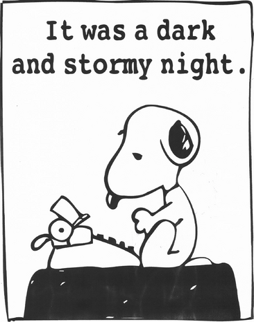 snoopy typing the first line of a story